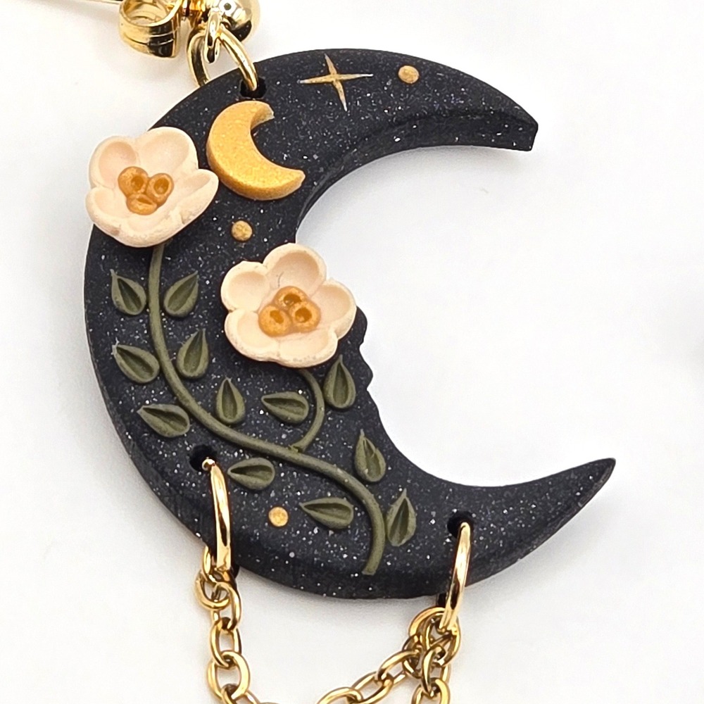 Handmade Dark Forest Crescent Moon Flower Star Dangle Earrings Black Gold Tone - Picture 2 of 8